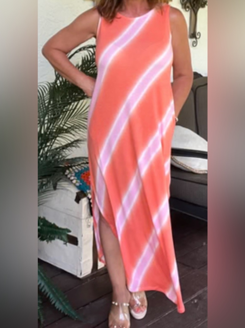 Zenana Outfitters Coral and White Diagonal Stripe Midi Dress